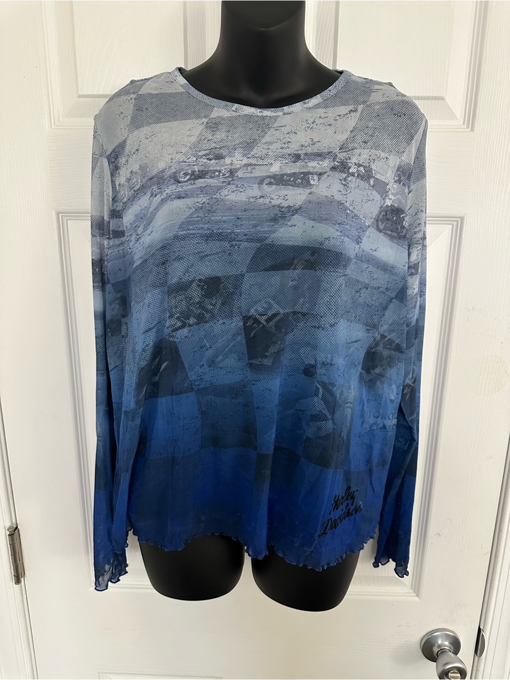 Womens Ombre Blue Long-Sleeve Sheer 2 Piece Top